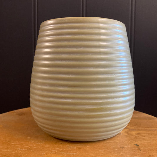 Ceramic Belly Ribbed Round Pot - Asparagus Green